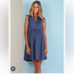 Attesa Maternity Dress stretch Cotton Poplin with Frill Trims Sleeveless Blue